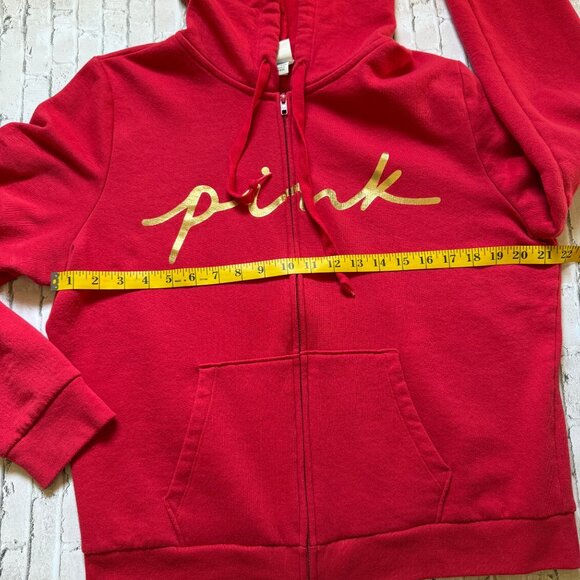 PINK Victoria's Secret Red Zip Hoodie Sweatshirt Women's Gold Logo Size XL - Picture 6 of 10